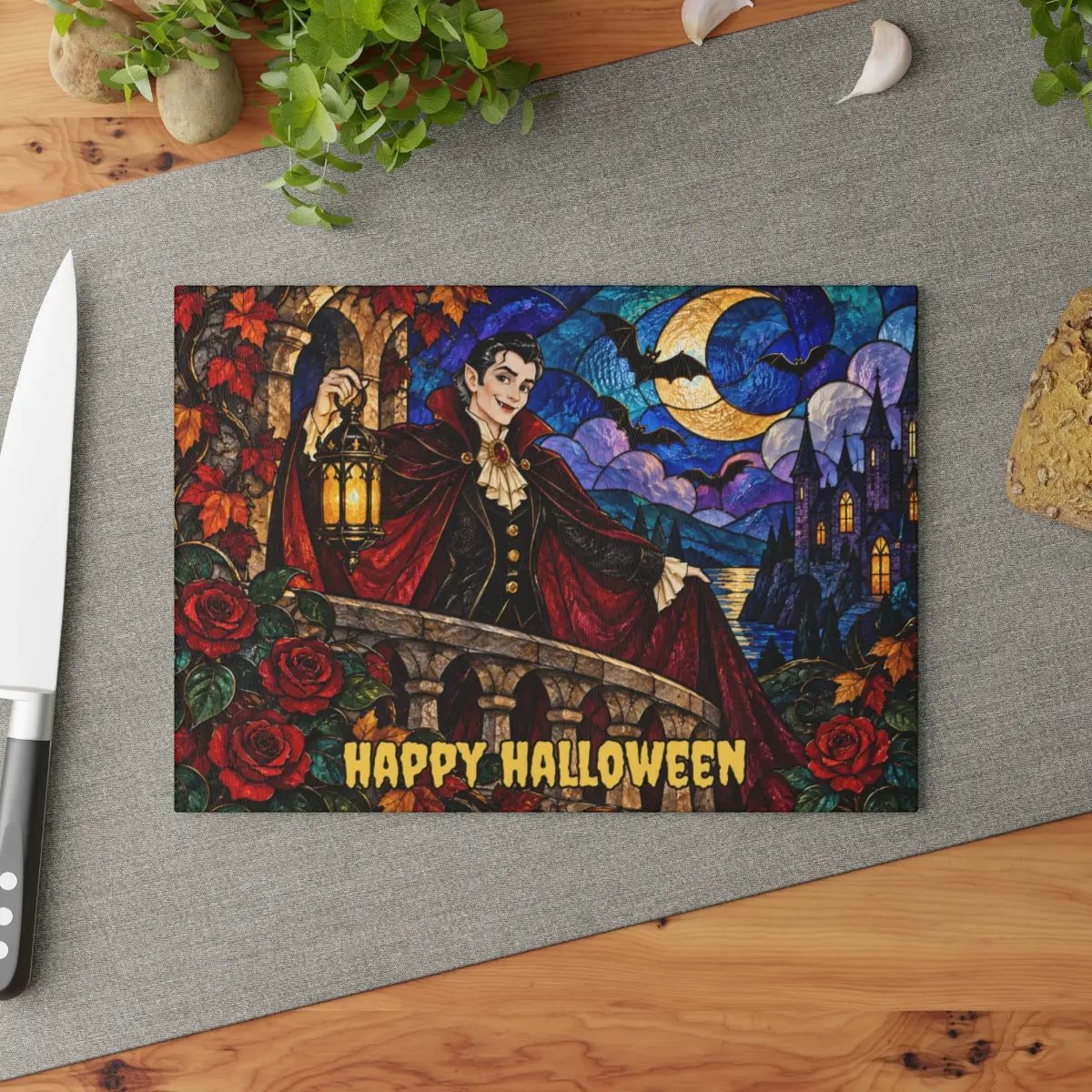 Halloween Dracula Personalized Glass Cutting Board, Spooky Vampire Kitchen Decor