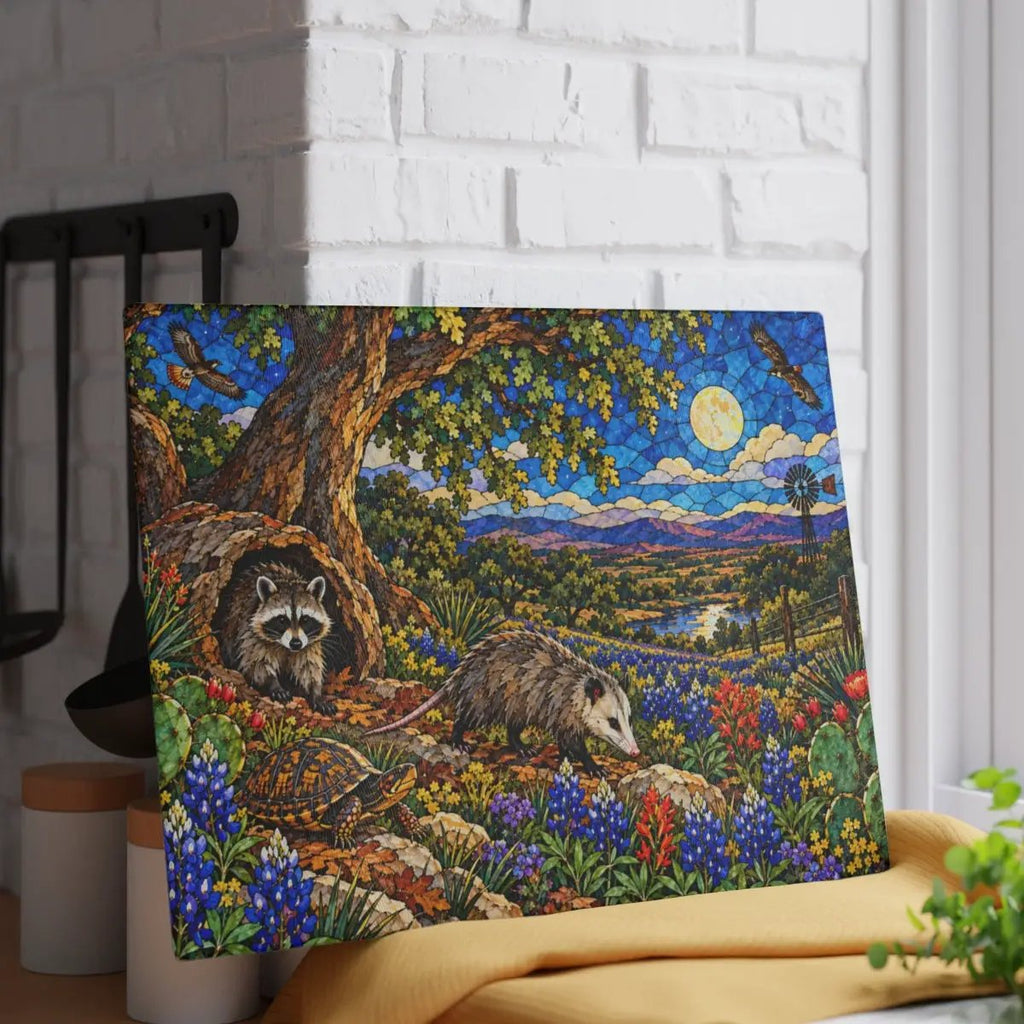 Raccoon and Possum Glass Cutting Board, Texas Wildlife Kitchen Decor, Opossum Raccoon Gift, Bluebonnet Country Cutting Board