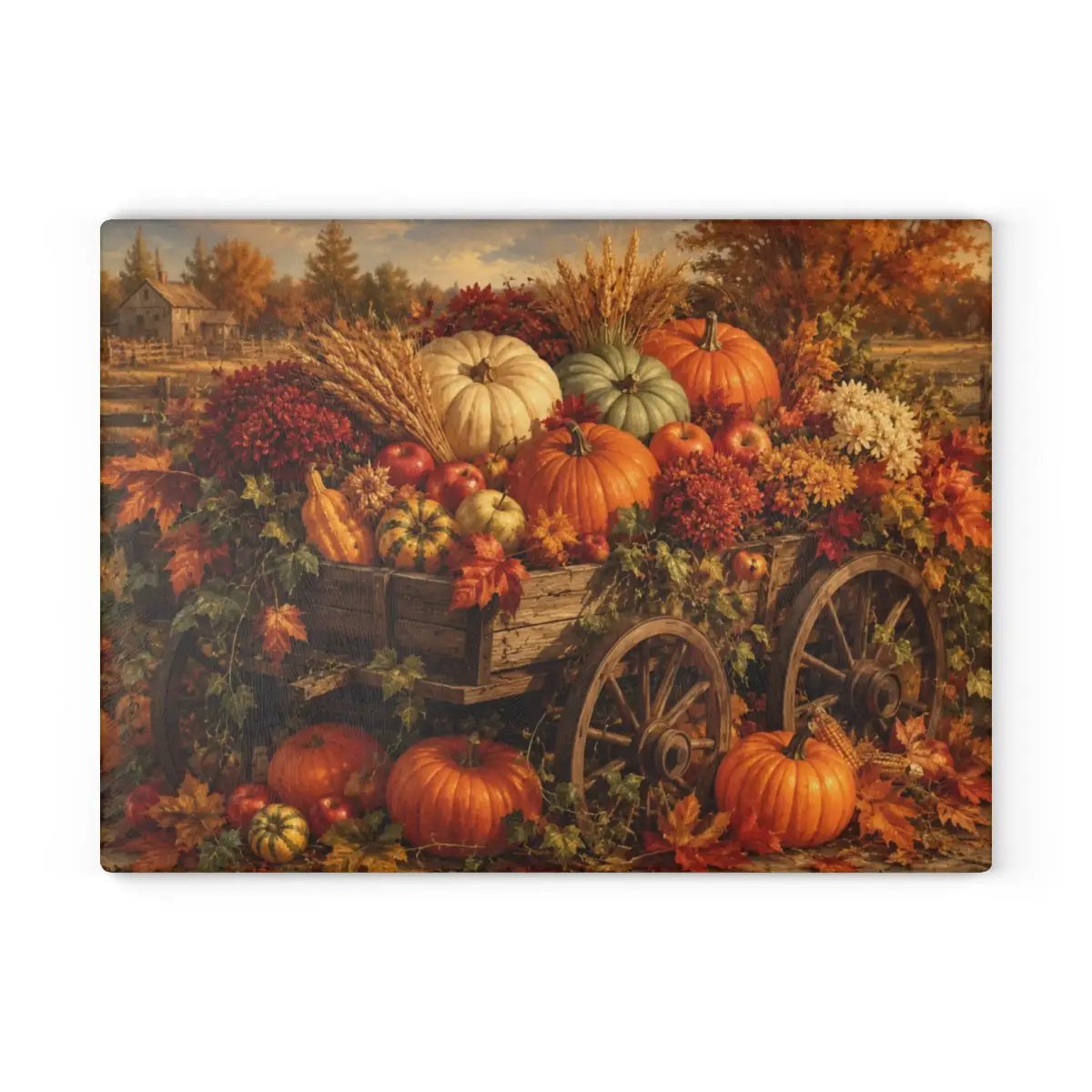 Fall Harvest Wagon Glass Cutting Board, Rustic Farmhouse Kitchen Decor, Pumpkin Cutting Board, Thanksgiving Gift