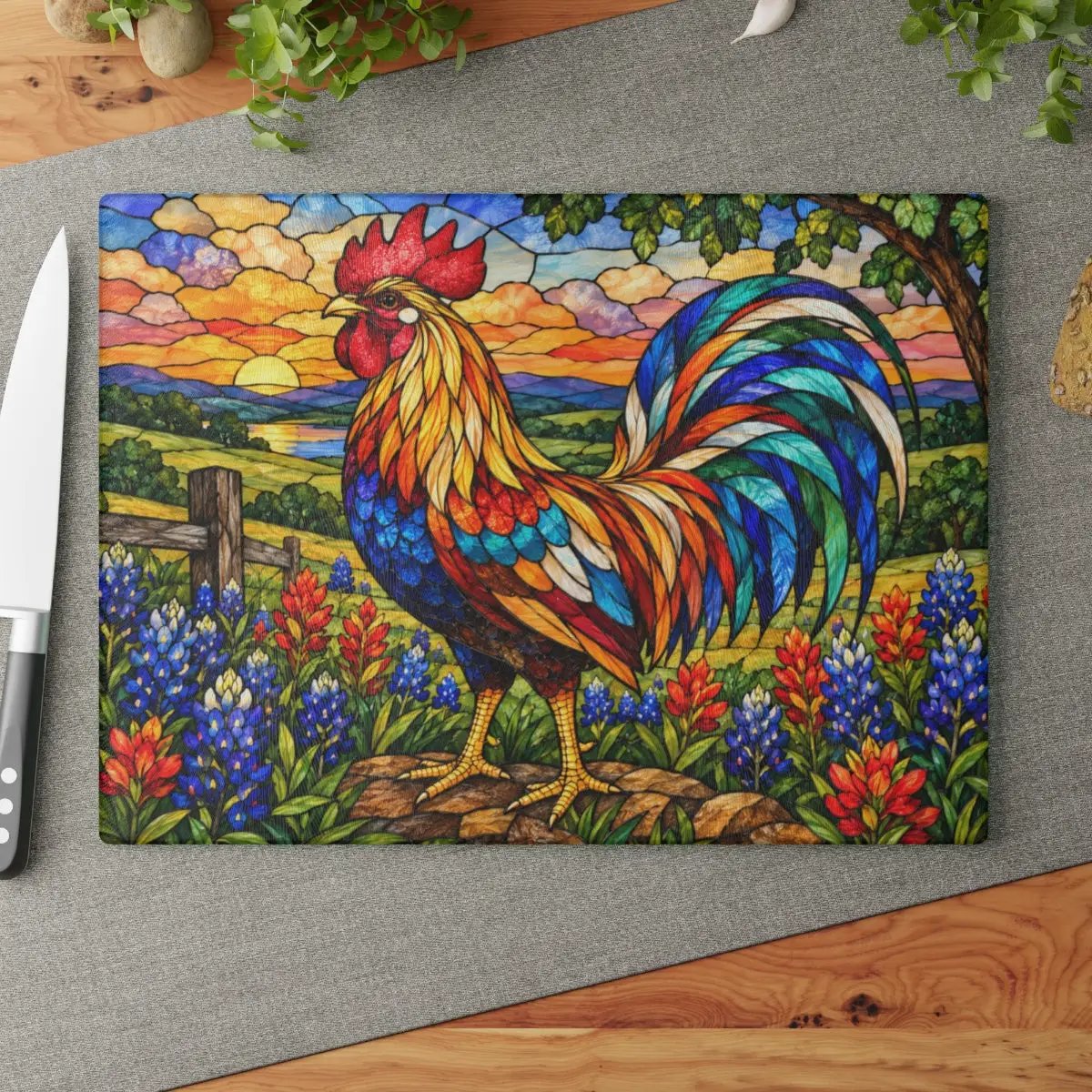 Rooster Glass Cutting Board, Bluebonnet Kitchen Decor, Colorful Farmhouse Rooster Art, Country Wildflower Decor, Stained Glass Gift