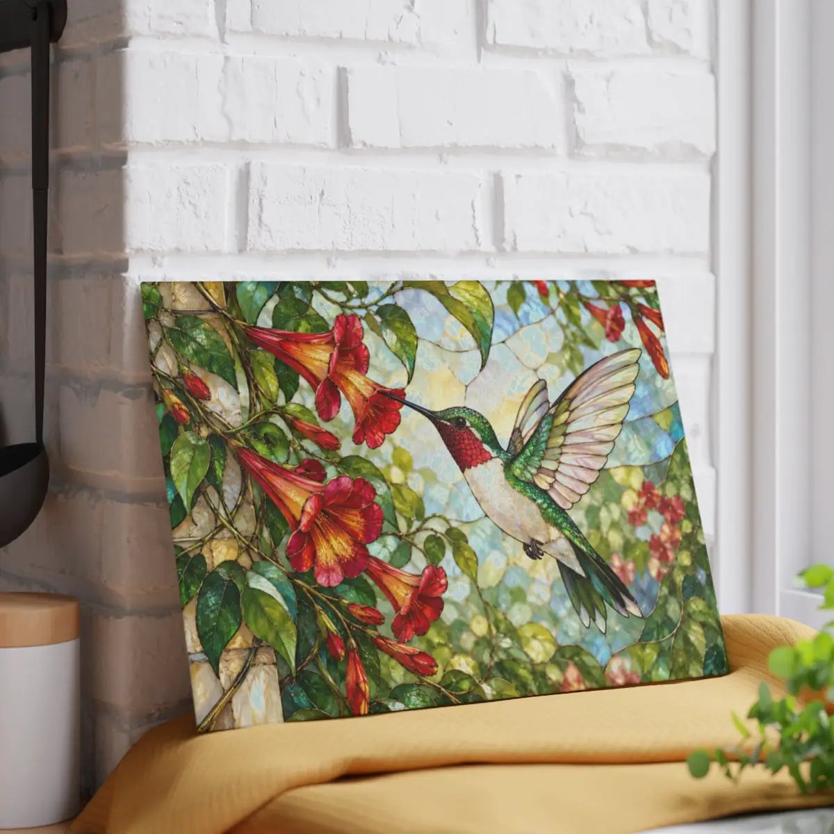 Hummingbird Cutting Board, Stained Glass Hummingbird Decor, Trumpet Vine Kitchen Decor, Bird Lover Gift, Garden Lover Gift