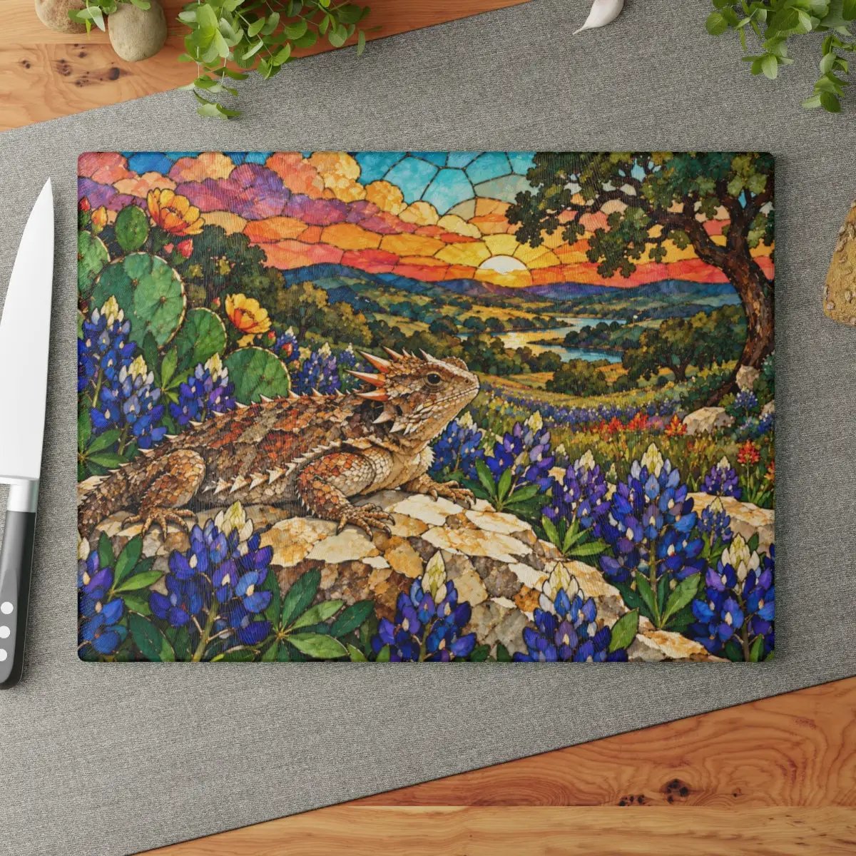 Texas Horned Lizard Glass Cutting Board, Bluebonnet Kitchen Decor, Texas Wildflower Cutting Board, Horny Toad Gift, Texas Housewarming Gift