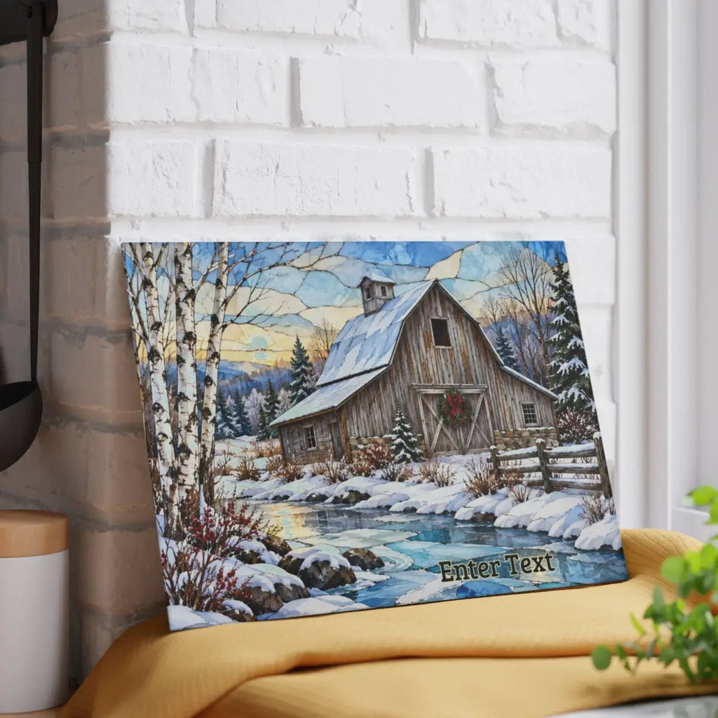 Country Winter Barn Glass Cutting Board, Snowy Farmhouse Kitchen Decor, Rustic Christmas Gift, Winter Barn Kitchen Board
