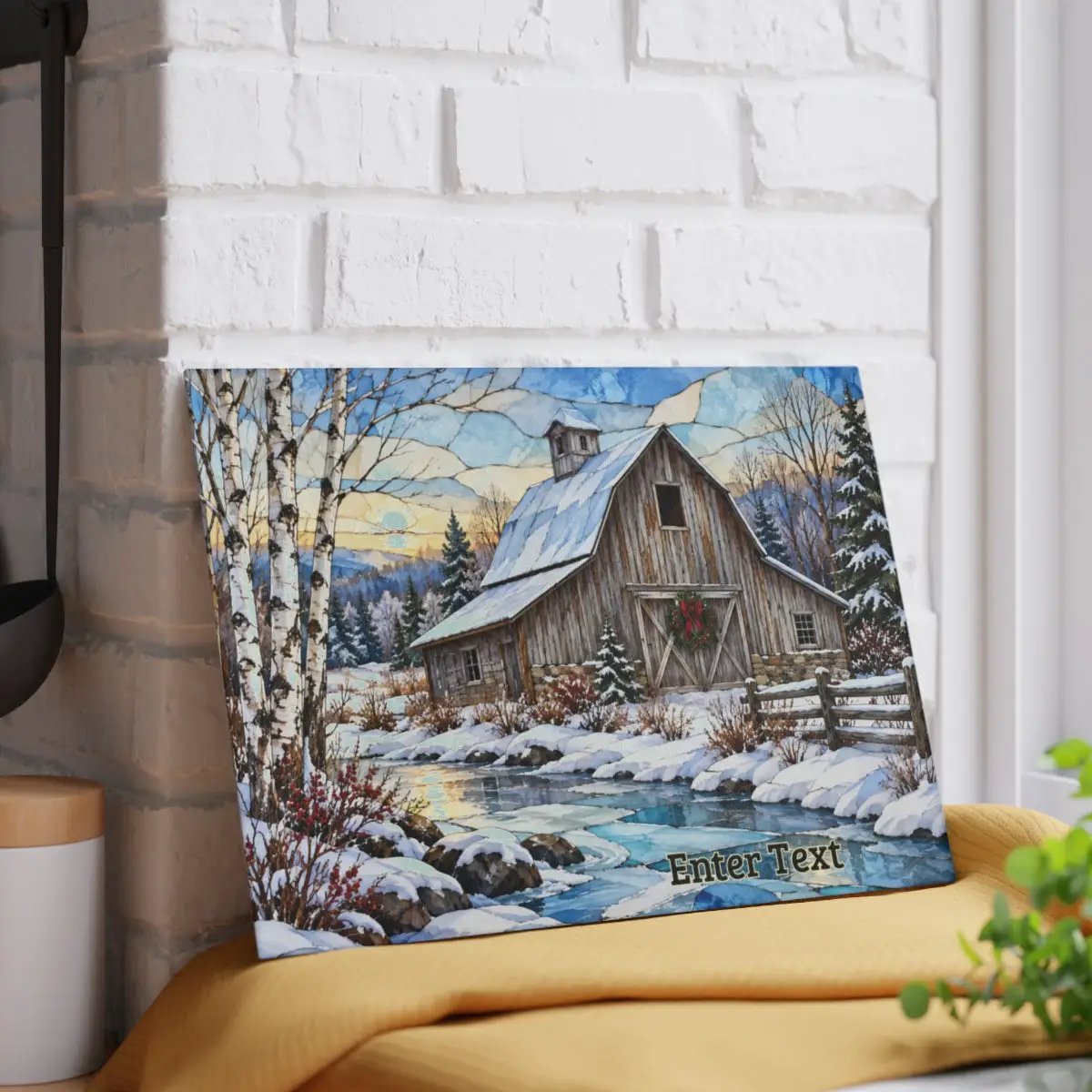 Country Winter Barn Glass Cutting Board, Snowy Farmhouse Kitchen Decor, Rustic Christmas Gift, Winter Barn Kitchen Board