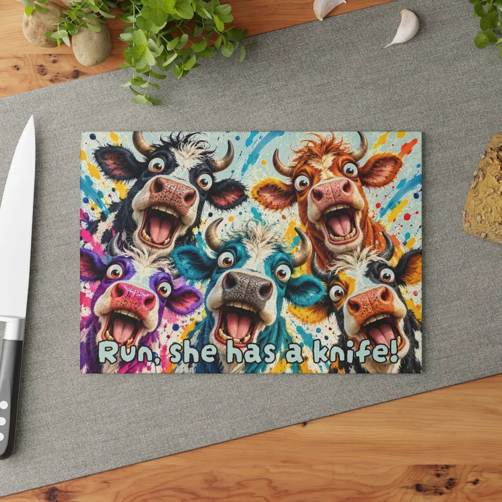 Screaming Cow Cutting Board, Funny Cow Glass Cutting Board, Colorful Cow Kitchen Decor, Farm Animal Gift, Cow Lover Gift