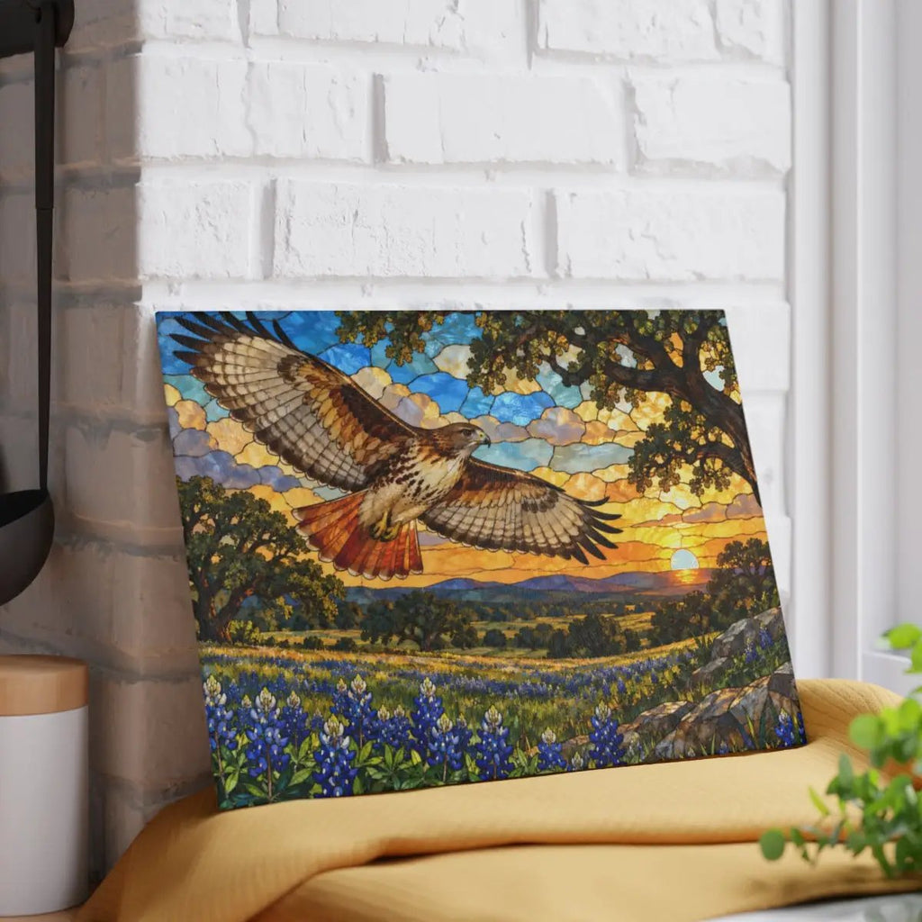 Red-Tailed Hawk Glass Cutting Board, Wildlife Kitchen Decor, Bird Lover Gift, Scenic Sunset Countryside Chopping Board, Nature Home Accent