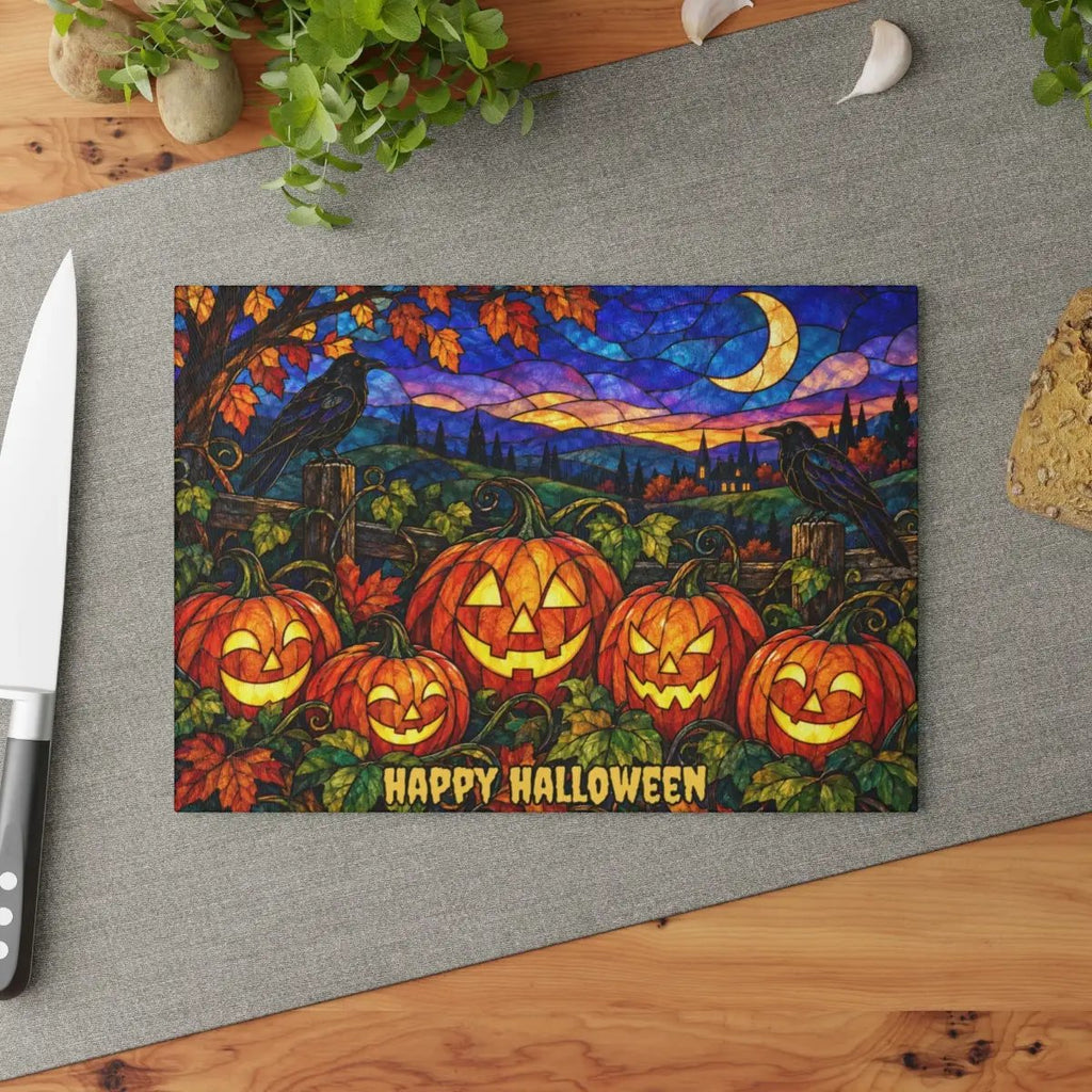 Halloween Jack O Lantern Personalized Glass Cutting Board, Spooky Pumpkin Patch Kitchen Decor