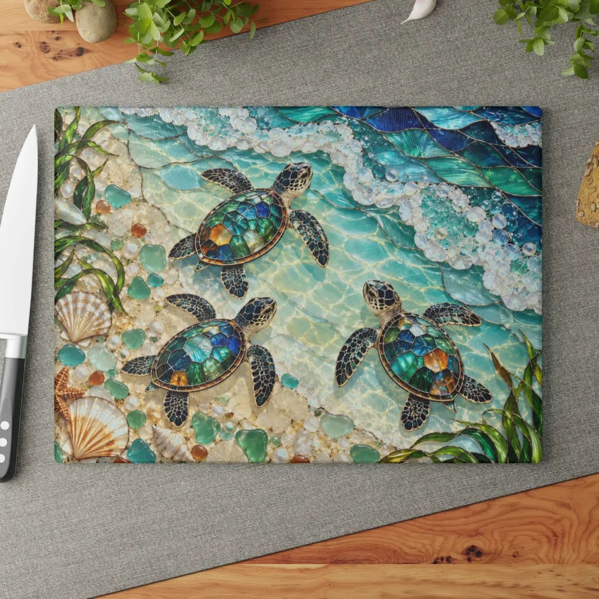 Sea Turtle Hatchlings Cutting Board, Coastal Kitchen Decor, Ocean Beach House Gift, Tempered Glass Chopping Board, Marine Life Kitchen Accent