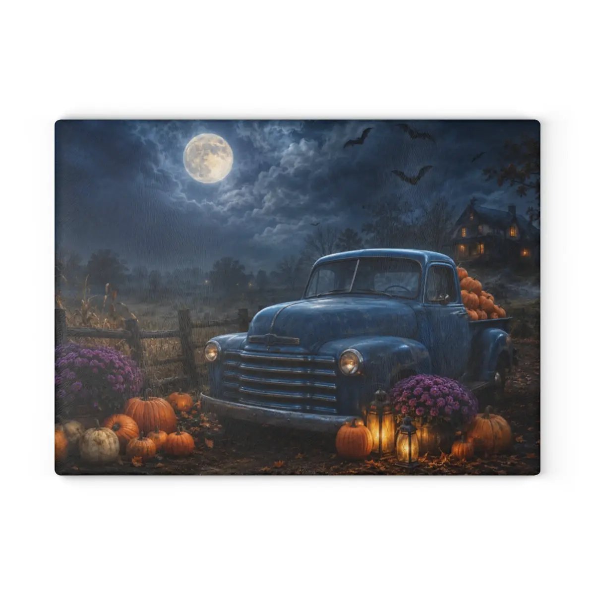 Vintage Blue Truck Halloween Cutting Board, Pumpkin Glass Cutting Board, Haunted House Kitchen Decor, Spooky Farmhouse Halloween Decorumn Kitchen Gift