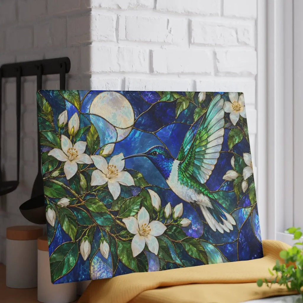 Hummingbird Cutting Board, Stained Glass Bird Decor, Moonlit Jasmine Floral Kitchen Decor, Hummingbird Gift, Nature Lover Gift