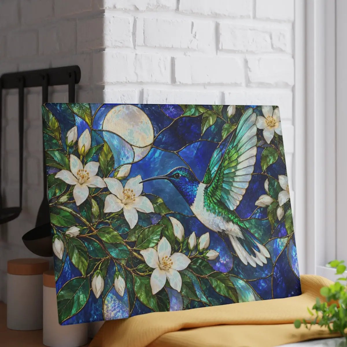 Hummingbird Cutting Board, Stained Glass Bird Decor, Moonlit Jasmine Floral Kitchen Decor, Hummingbird Gift, Nature Lover Gift