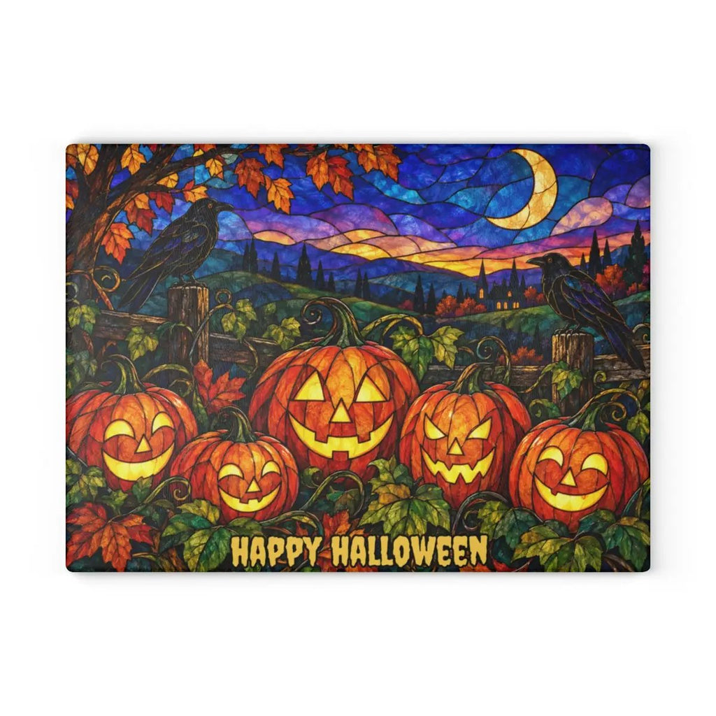 Halloween Jack O Lantern Personalized Glass Cutting Board, Spooky Pumpkin Patch Kitchen Decor