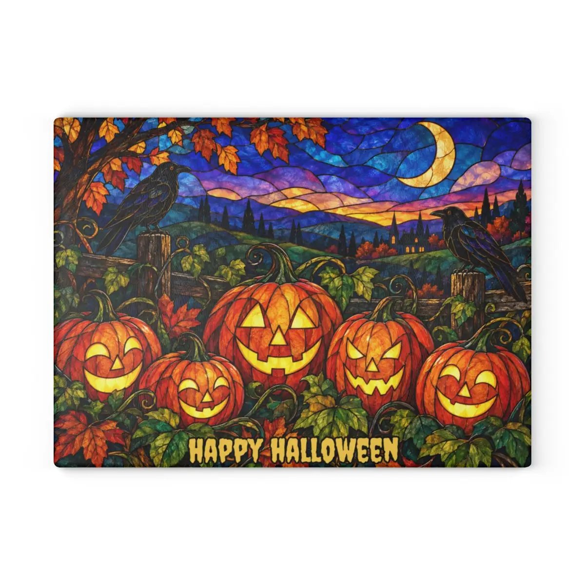 Halloween Jack O Lantern Personalized Glass Cutting Board, Spooky Pumpkin Patch Kitchen Decor