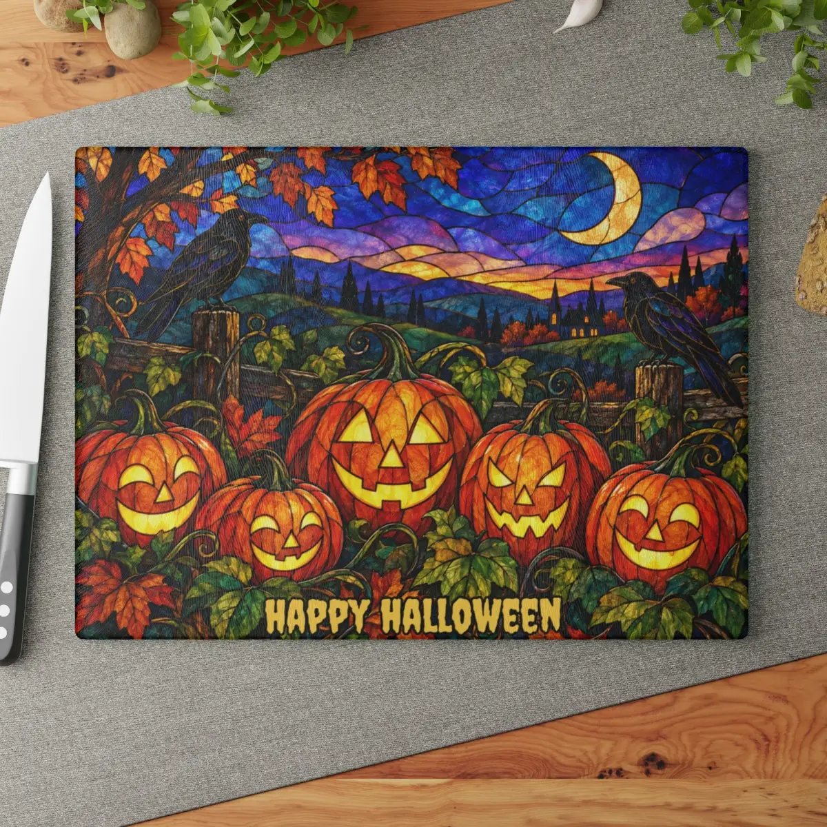 Halloween Jack O Lantern Personalized Glass Cutting Board, Spooky Pumpkin Patch Kitchen Decor