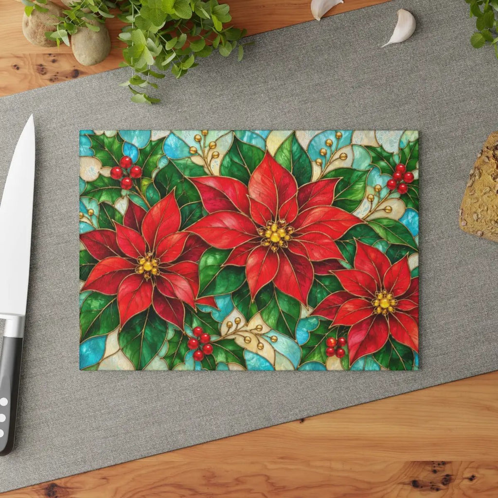 Christmas Poinsettia Glass Cutting Board, Holiday Holly Berry Kitchen Decor, Festive Red Floral Chopping Board, Seasonal Gift Idea