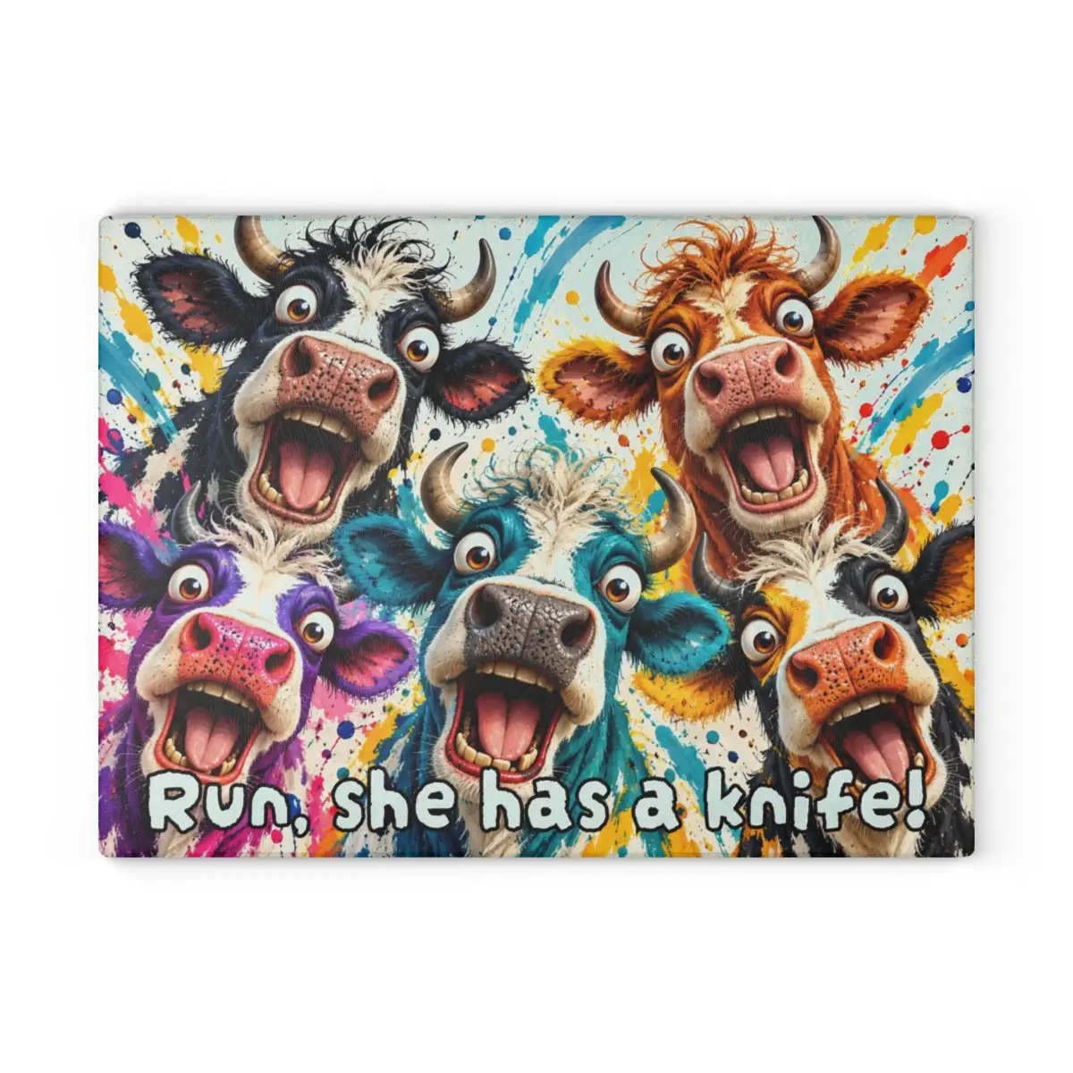 Screaming Cow Cutting Board, Funny Cow Glass Cutting Board, Colorful Cow Kitchen Decor, Farm Animal Gift, Cow Lover Gift