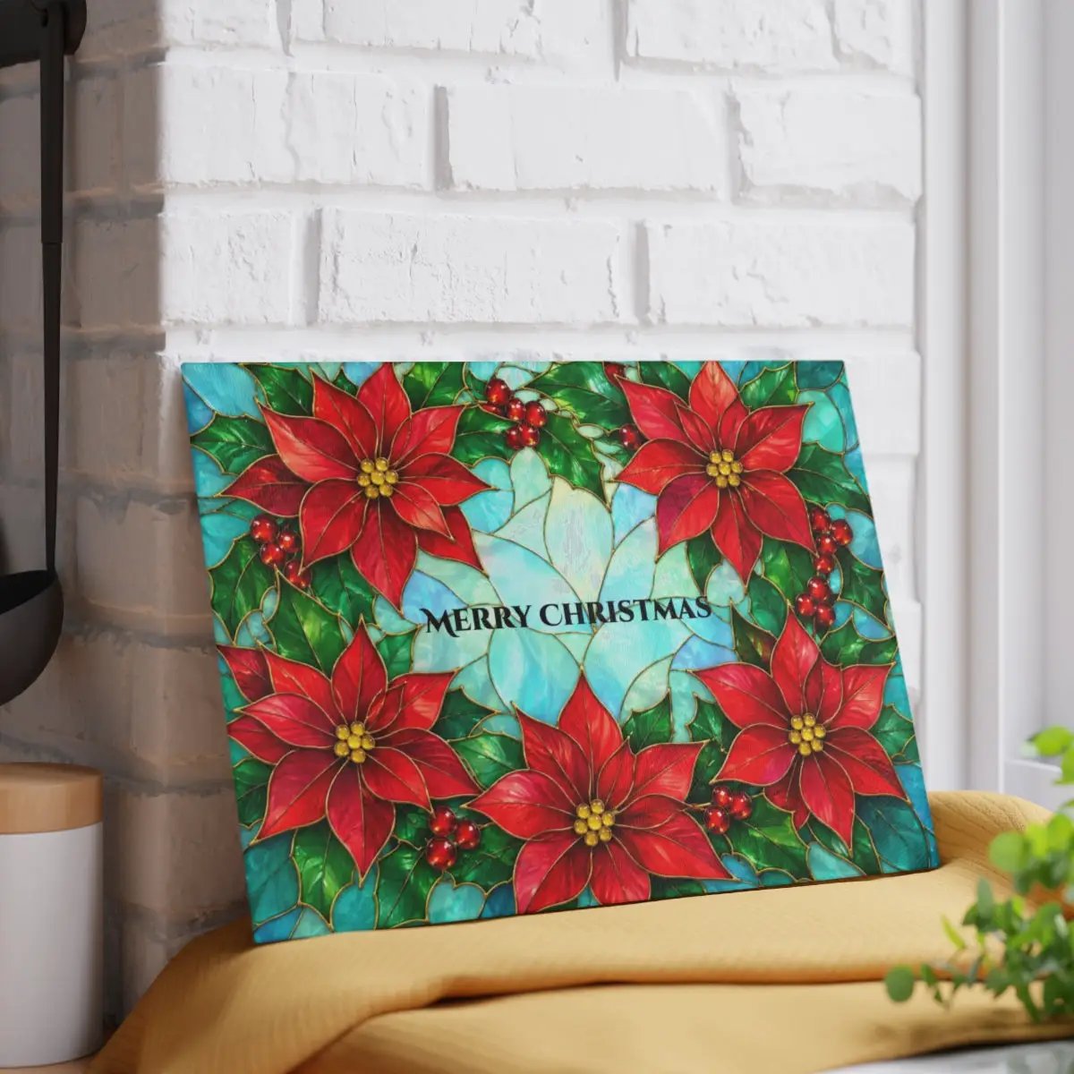 Poinsettia Glass Cutting Board, Christmas Kitchen Decor, Stained Glass Holiday Floral Chopping Board, Festive Hostess Gift for Home Cooks