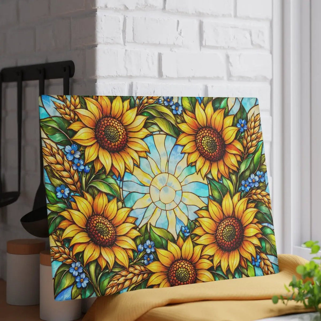 Sunflower Glass Cutting Board, Stained Glass Sunflower Wreath, Floral Kitchen Decor, Yellow Flower Gift, Cheerful Kitchen Art