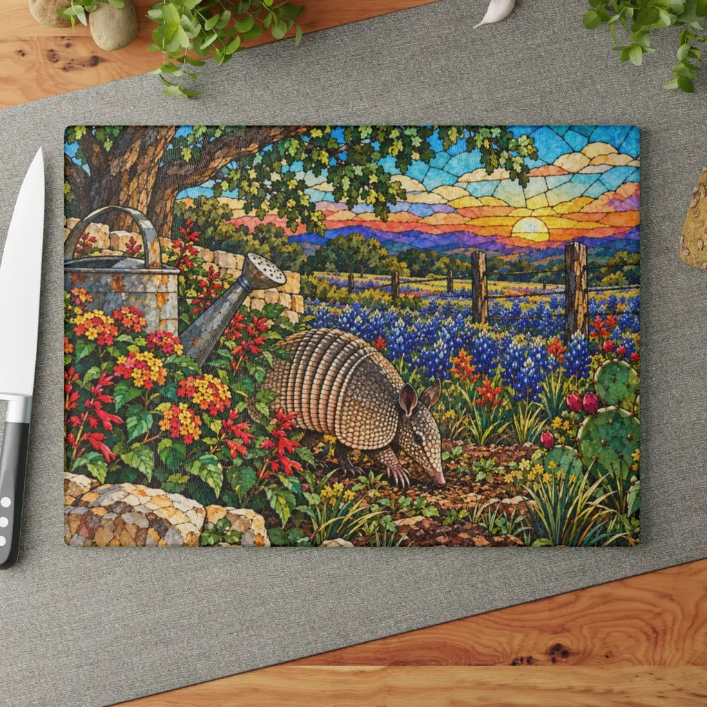 Texas Armadillo Glass Cutting Board, Bluebonnet Kitchen Decor, Stained Glass Style Texas Wildlife Gift, Country Garden Housewarming Gift