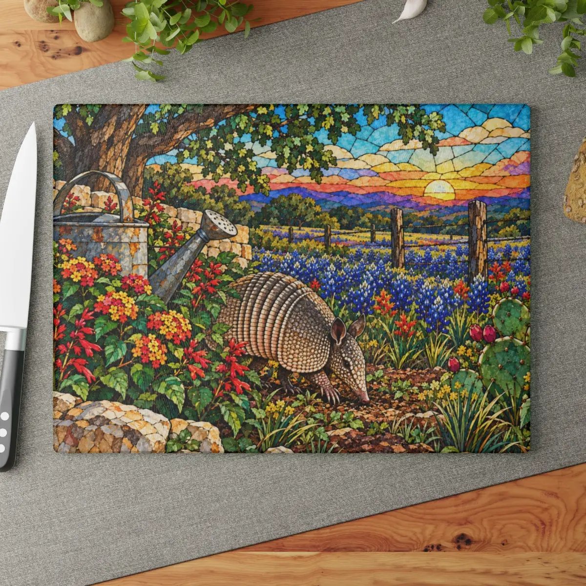 Texas Armadillo Glass Cutting Board, Bluebonnet Kitchen Decor, Stained Glass Style Texas Wildlife Gift, Country Garden Housewarming Gift