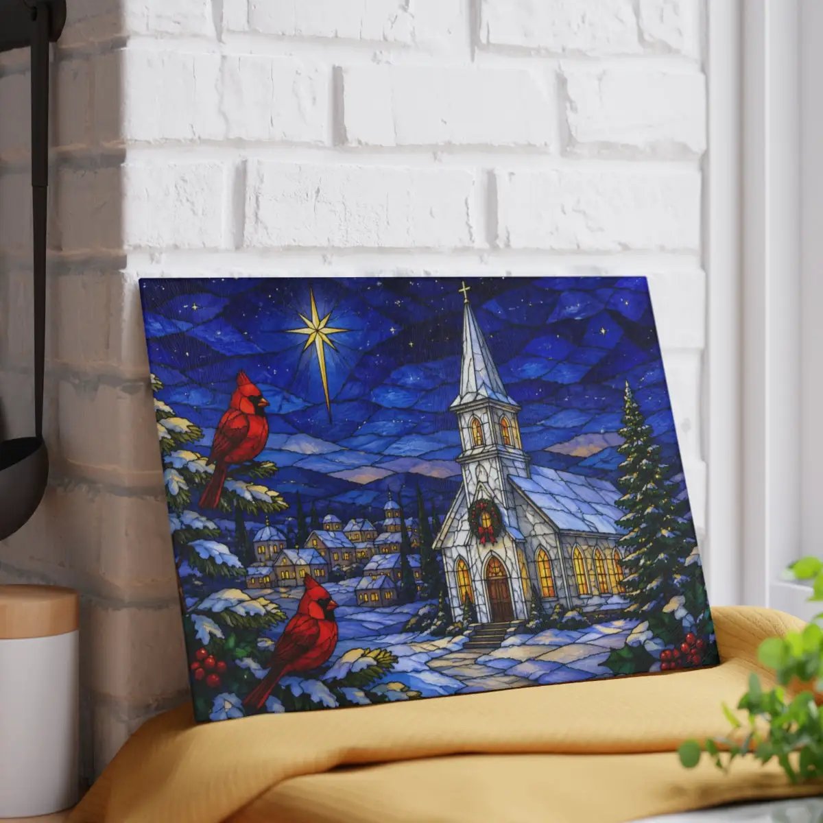 Christmas Church Glass Cutting Board, Cardinal Stained Glass Decor, Christian Christmas Kitchen Gift, Religious Holiday Decor