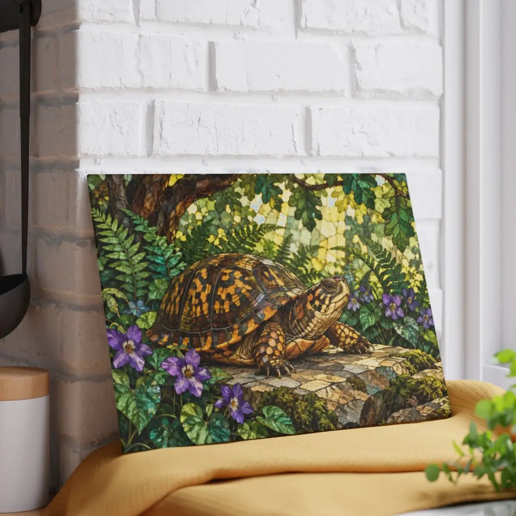 Box Turtle Cutting Board, Woodland Nature Kitchen Decor, Tempered Glass Chopping Board, Turtle Lover Gift, Forest Animal Kitchen Art