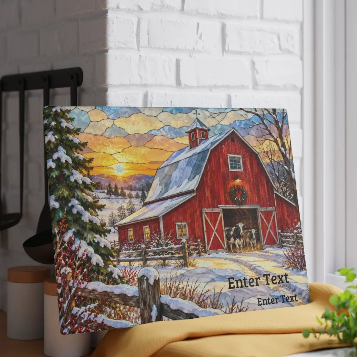 Christmas Red Barn Glass Cutting Board, Winter Farmhouse Decor, Cow Christmas Gift, Country Kitchen Decor, Farmhouse Holiday Gift