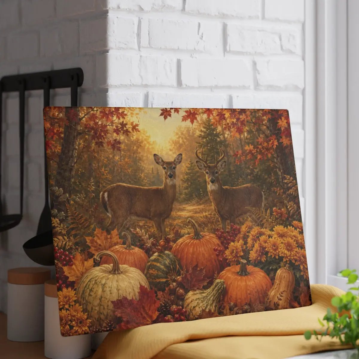 Deer Fall Glass Cutting Board, Rustic Woodland Kitchen Decor, Autumn Pumpkin Cutting Board, Hunter Cabin Gift