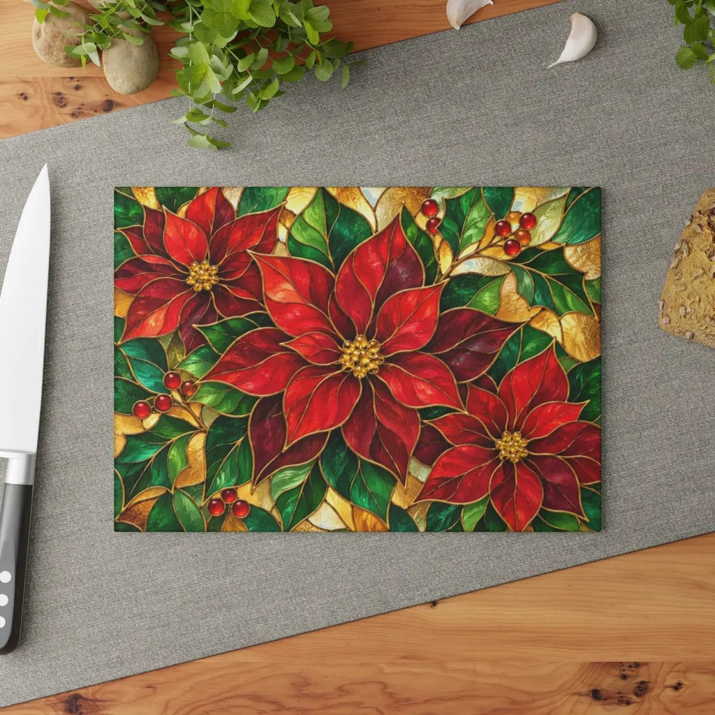 Christmas Poinsettia Glass Cutting Board, Holiday Kitchen Decor, Red Poinsettias and Holly, Festive Chopping Board, Seasonal Gift Idea
