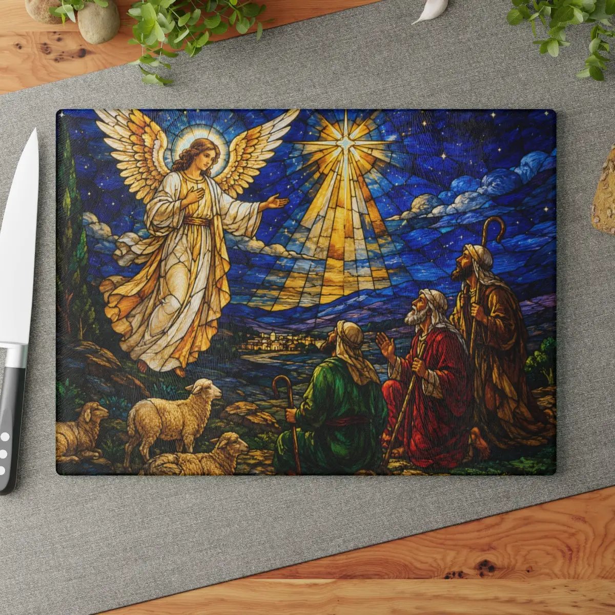Angel and Shepherds Glass Cutting Board, Christian Christmas Gift, Nativity Kitchen Decor, Religious Christmas Decor, Stained Glass Art