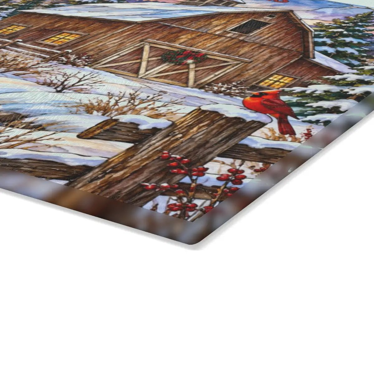Cardinal Creek Winter Barn Glass Cutting Board, Red Cardinal Farmhouse Kitchen Decor, Country Christmas Gift