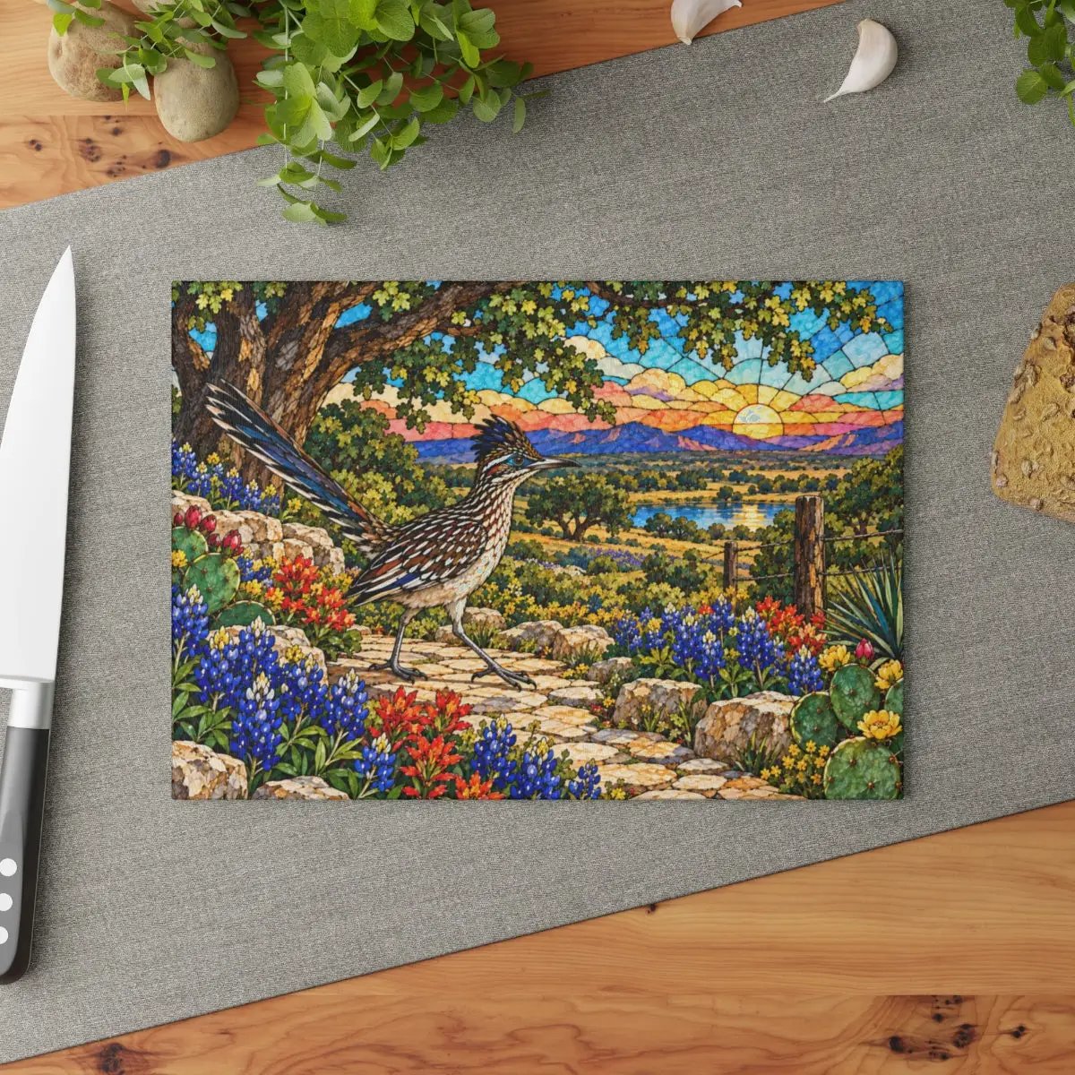 Texas Roadrunner Glass Cutting Board, Bluebonnet Kitchen Decor, Texas Wildflower Gift, Southwestern Kitchen Decor, Stained Glass Style