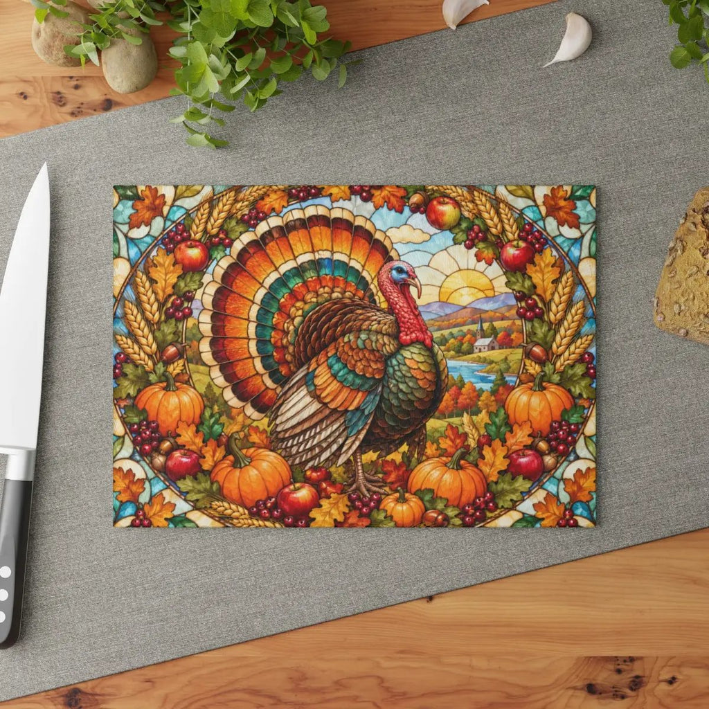 Thanksgiving Turkey Glass Cutting Board, Harvest Wreath Kitchen Decor, Stained Glass Fall Turkey, Pumpkin Apple Autumn Gift