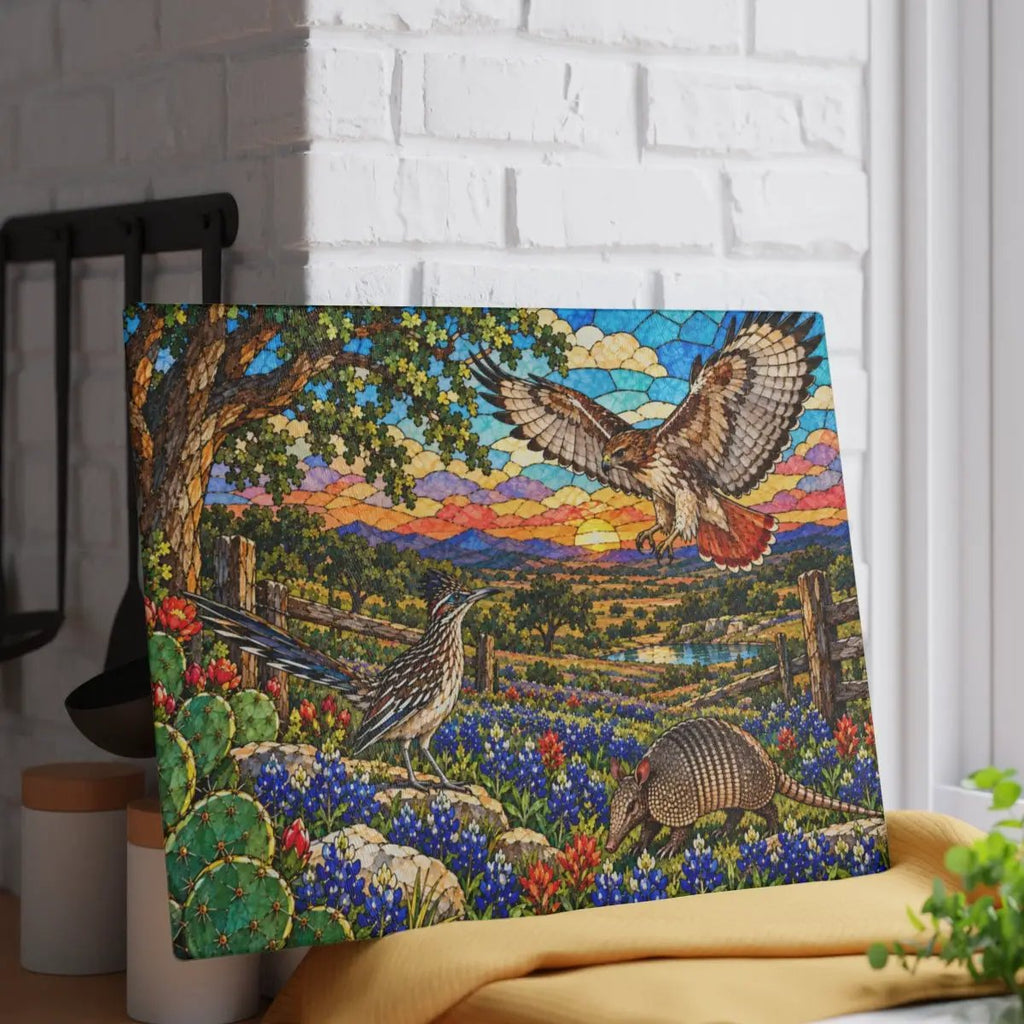 Texas Wildlife Glass Cutting Board, Roadrunner, Armadillo, Hawk Art, Bluebonnet Kitchen Decor, Hill Country Gift, Texas Wildlife Decor