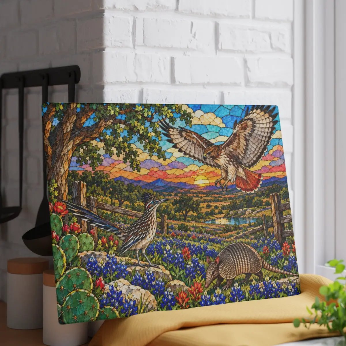 Texas Wildlife Glass Cutting Board, Roadrunner, Armadillo, Hawk Art, Bluebonnet Kitchen Decor, Hill Country Gift, Texas Wildlife Decor