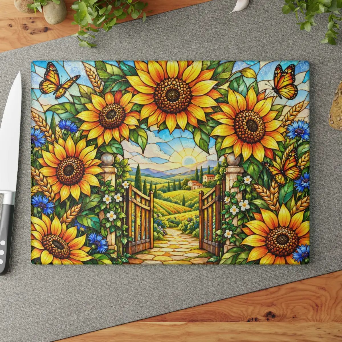 Sunflower Glass Cutting Board, Garden Gate Kitchen Decor, Stained Glass Floral Art, Sunflower Housewarming Gift, Cottage Garden Decor