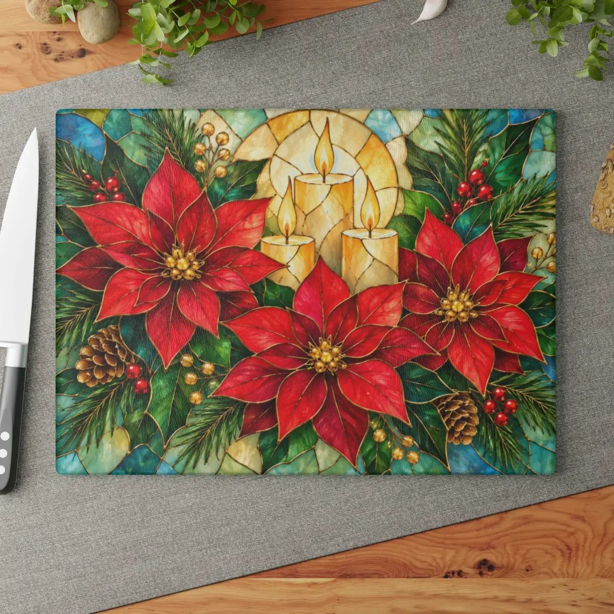 Christmas Poinsettia Glass Cutting Board, Holiday Candle Kitchen Decor, Tempered Chopping Board, Festive Winter Kitchen Gift Idea