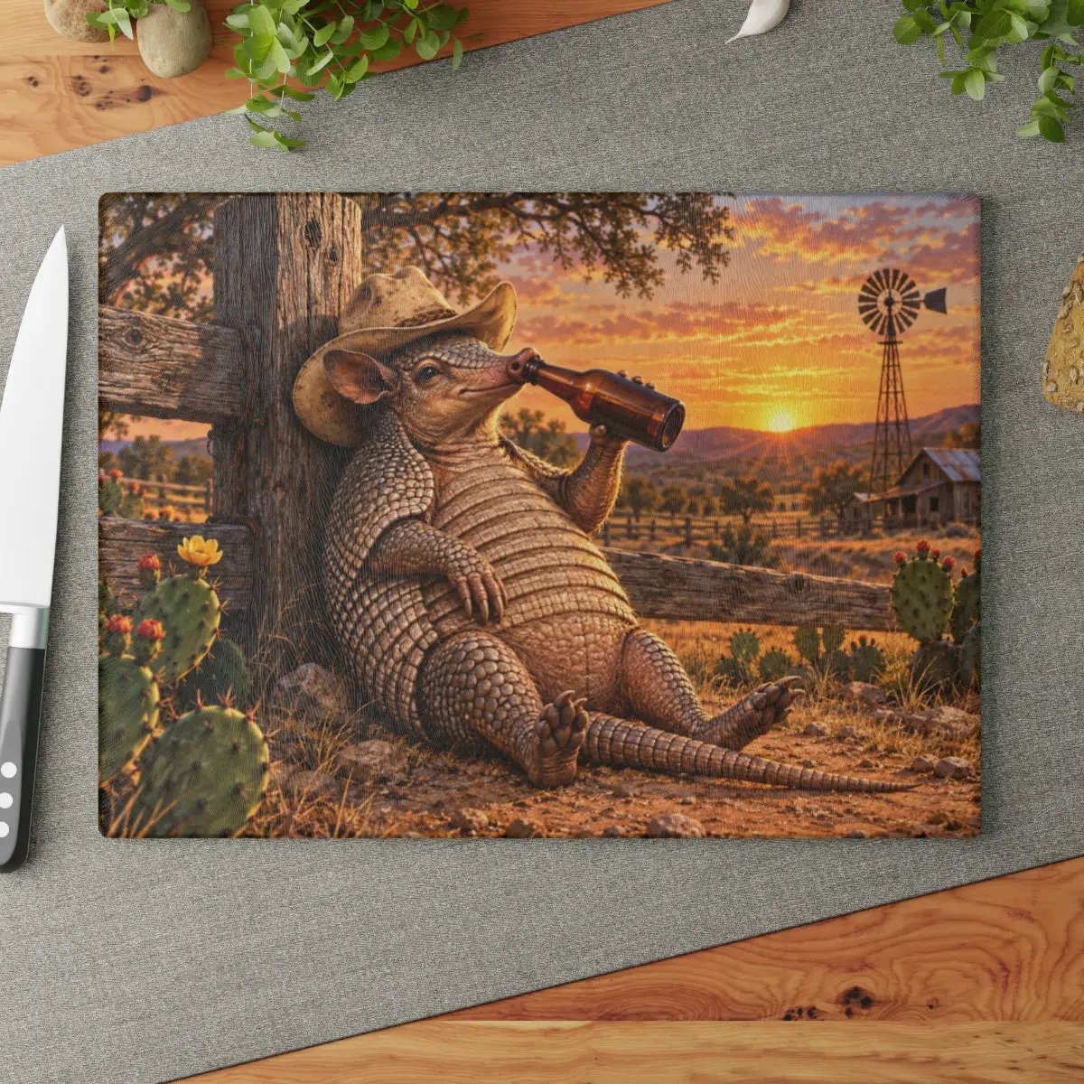 Funny Armadillo Glass Cutting Board, Texas Kitchen Decor, Cowboy Armadillo Gift, Western Kitchen Decor, Funny Texas Housewarming Gift