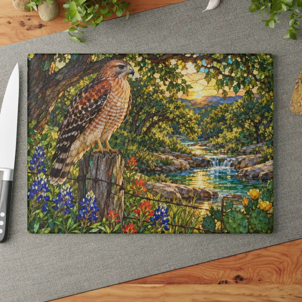 Red-Shouldered Hawk Glass Cutting Board, Bird Lover Kitchen Decor, Wildlife Art Chopping Board, Nature-Inspired Hostess Gift for Birdwatcher