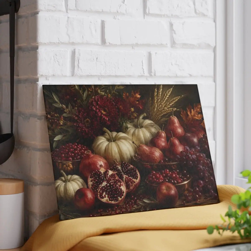 Pomegranate Glass Cutting Board, White Pumpkin Fall Kitchen Decor, Elegant Autumn Cutting Board, Harvest Kitchen Gift