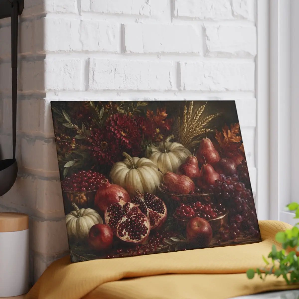 Pomegranate Glass Cutting Board, White Pumpkin Fall Kitchen Decor, Elegant Autumn Cutting Board, Harvest Kitchen Gift