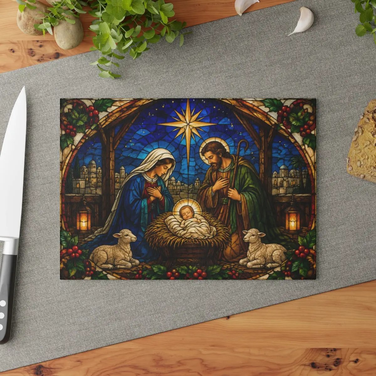 Nativity Glass Cutting Board, Christian Christmas Decor, Manger Scene Cutting Board, Religious Christmas Gift, Stained Glass Nativity