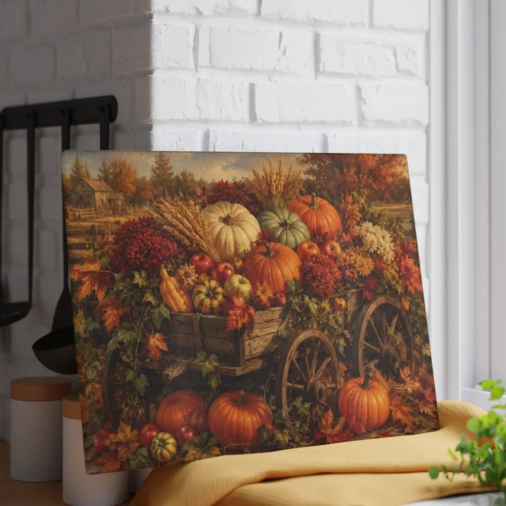 Fall Harvest Wagon Glass Cutting Board, Rustic Farmhouse Kitchen Decor, Pumpkin Cutting Board, Thanksgiving Gift