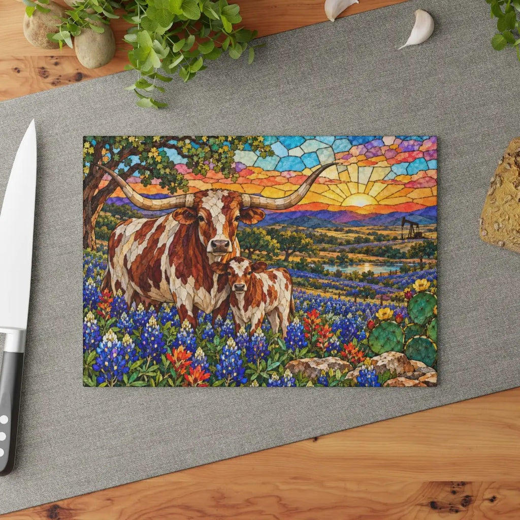 Texas Longhorn Glass Cutting Board, Cow and Calf Bluebonnet Kitchen Decor, Western Ranch Gift, Texas Kitchen Decor, Stained Glass Style