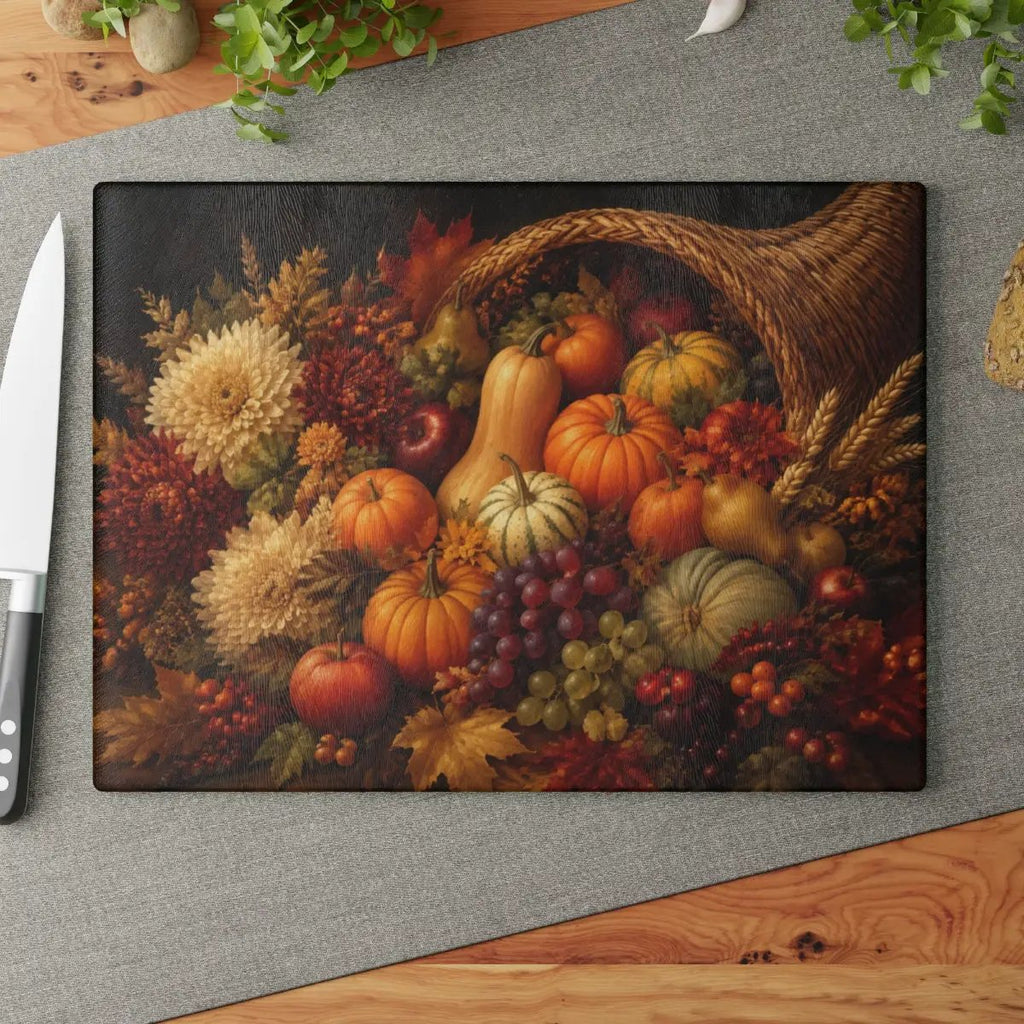 Cornucopia Glass Cutting Board, Thanksgiving Kitchen Decor, Fall Harvest Cutting Board, Autumn Hostess Gift