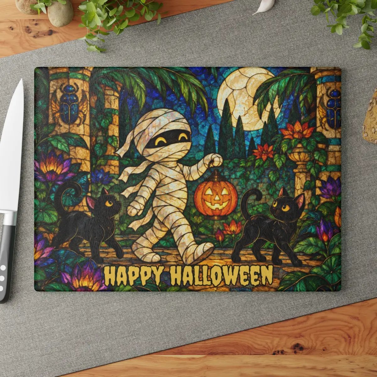 Halloween Mummy Personalized Glass Cutting Board, Spooky Kitchen Decor