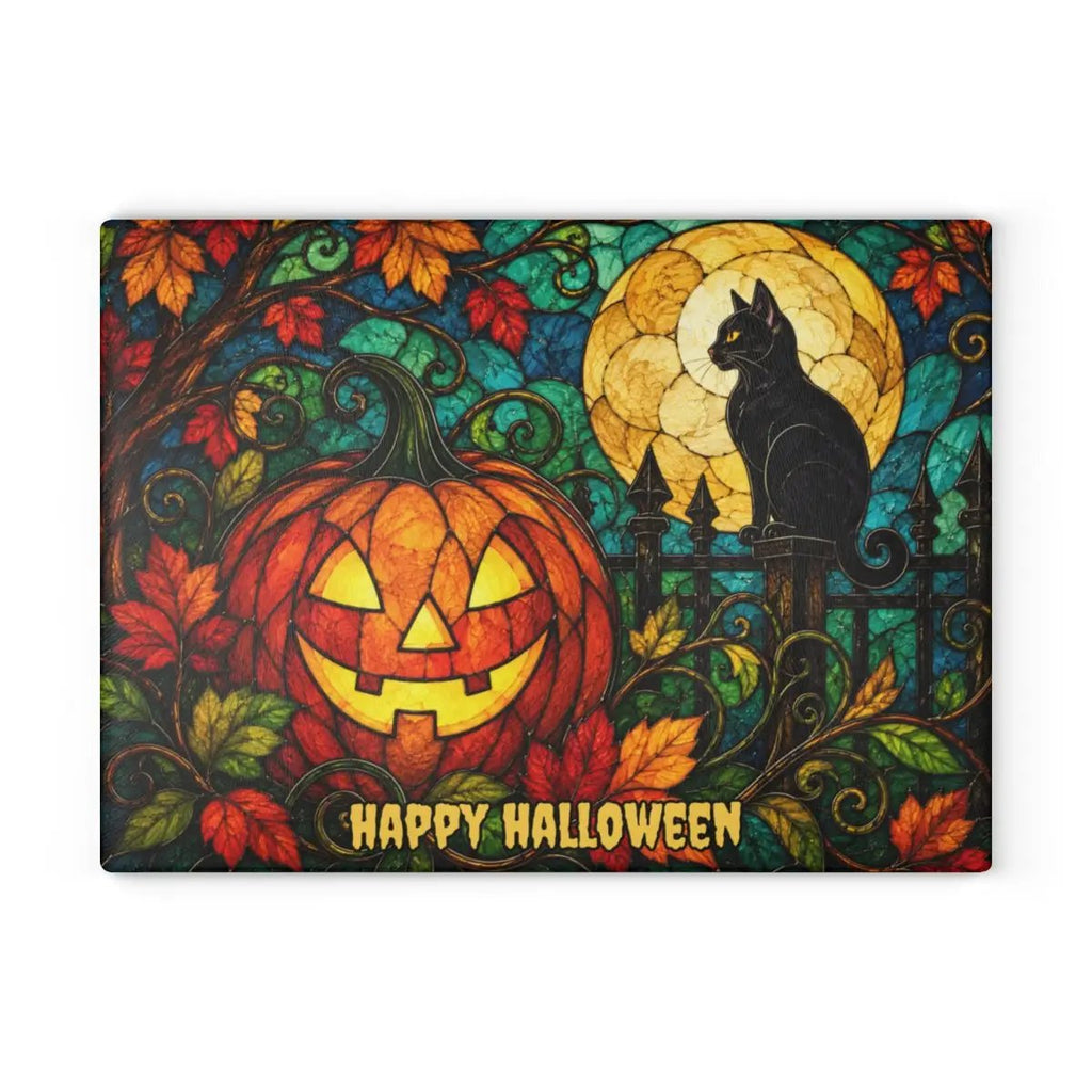 Halloween Black Cat and Jack-O-Lantern Personalized Glass Cutting Board, Spooky Pumpkin Kitchen Decor