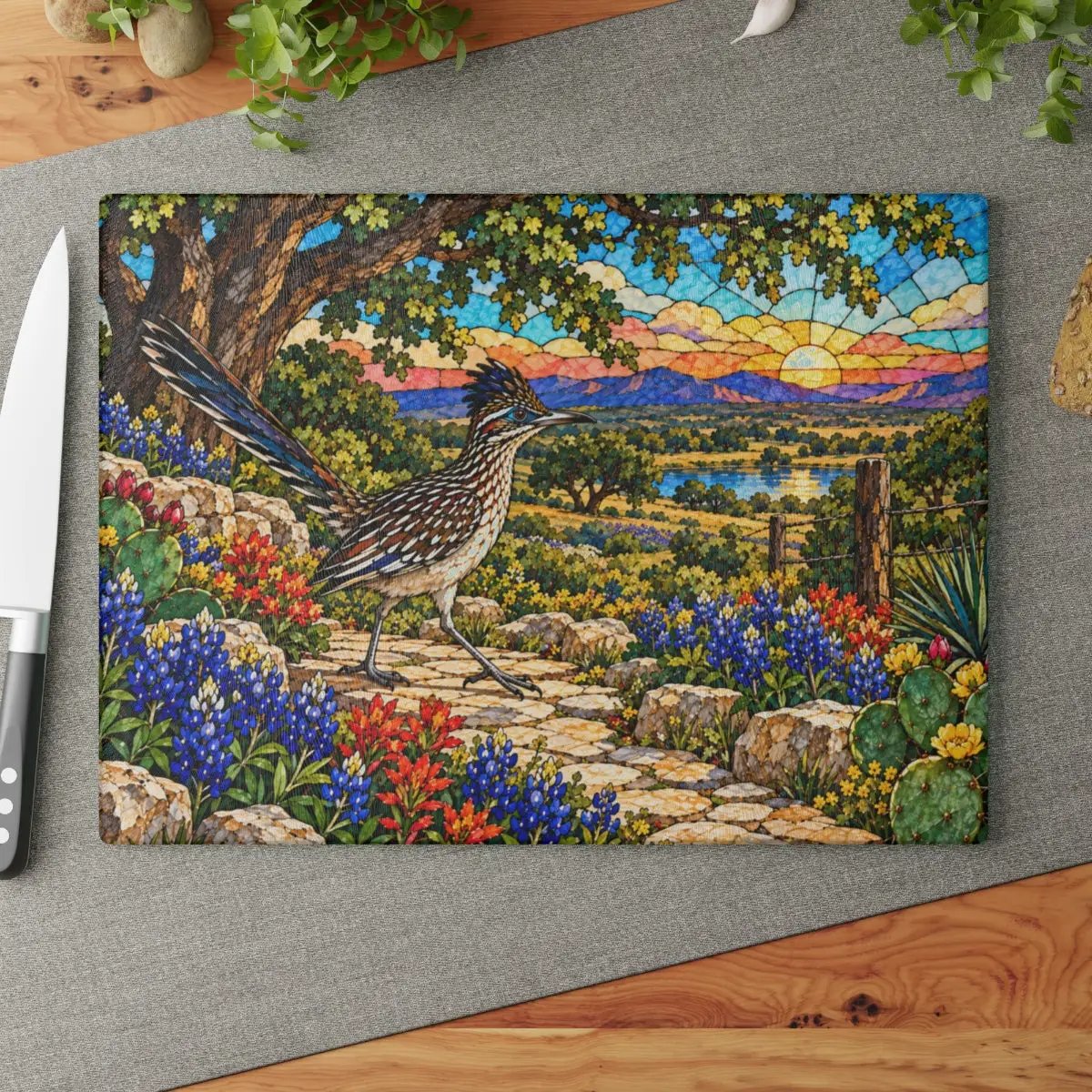 Texas Roadrunner Glass Cutting Board, Bluebonnet Kitchen Decor, Hill Country Wildlife Art, Southwestern Bird Gift, Texas Housewarming