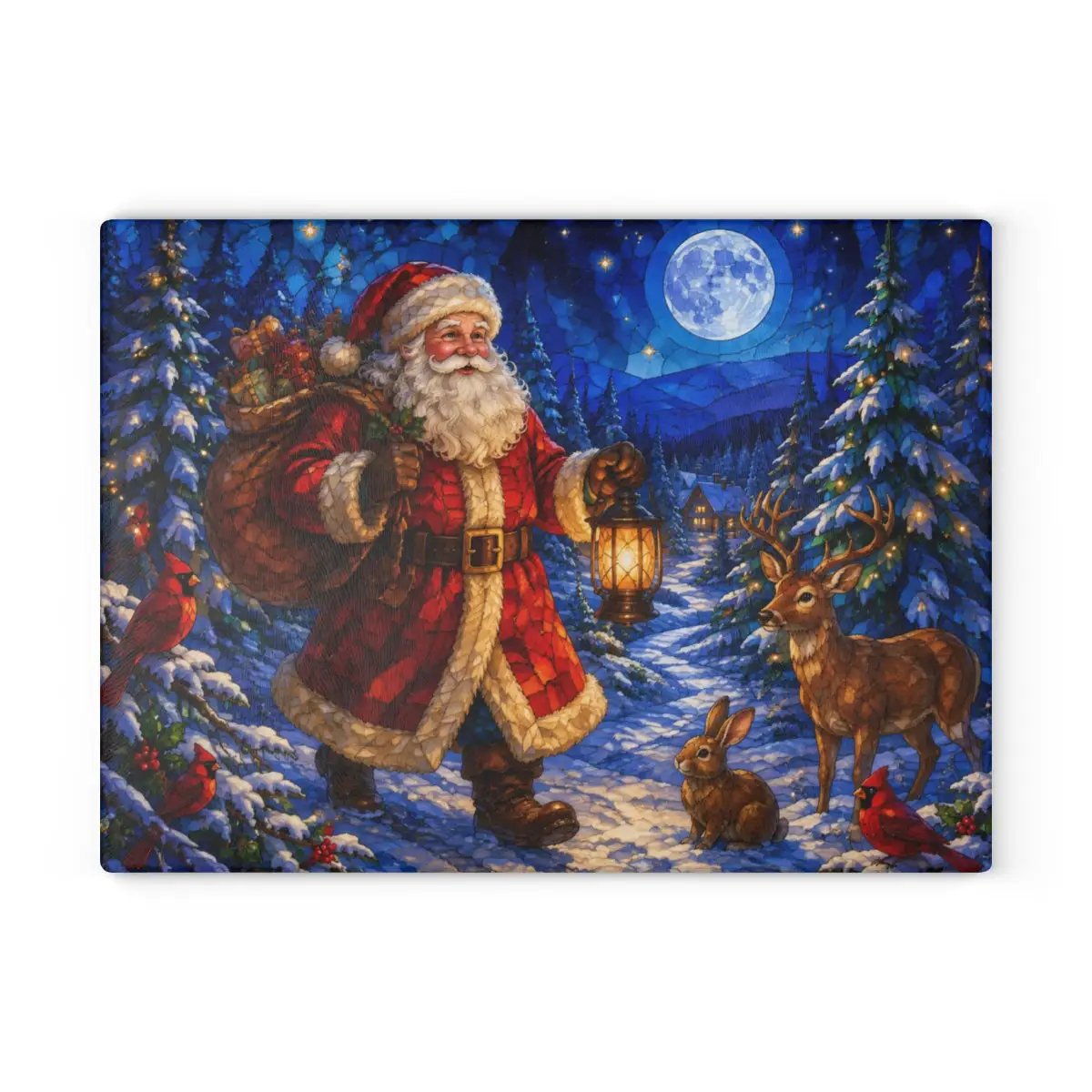 Santa Christmas Glass Cutting Board, Woodland Santa Kitchen Decor, Stained Glass Christmas Art, Cardinal Deer Holiday Gift