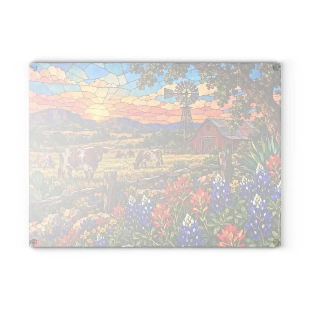 Texas Longhorn Glass Cutting Board, Bluebonnet Ranch Kitchen Decor, Western Farmhouse Gift, Texas Country Decor, Longhorn Cattle Art